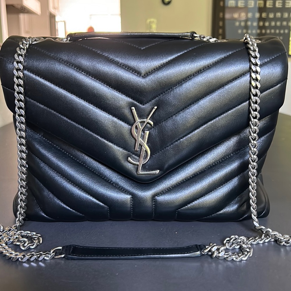 YSL LOULOU BAG M AUTHENTIC RETAIL $3290 BLACK WITH SILVER CHAIN STRAP.